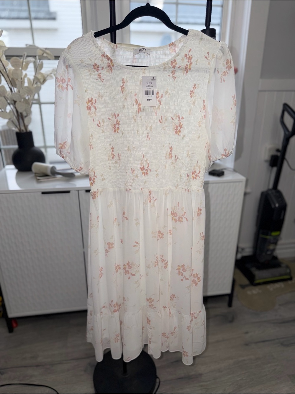 Suzy Shier White Dress with Soft Pink Floral Print